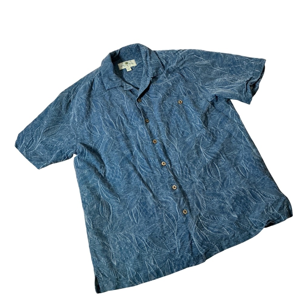 Island Shores Tropical Silk Button Down Shirt Mens Large Blue Leaf Jacquard Camp